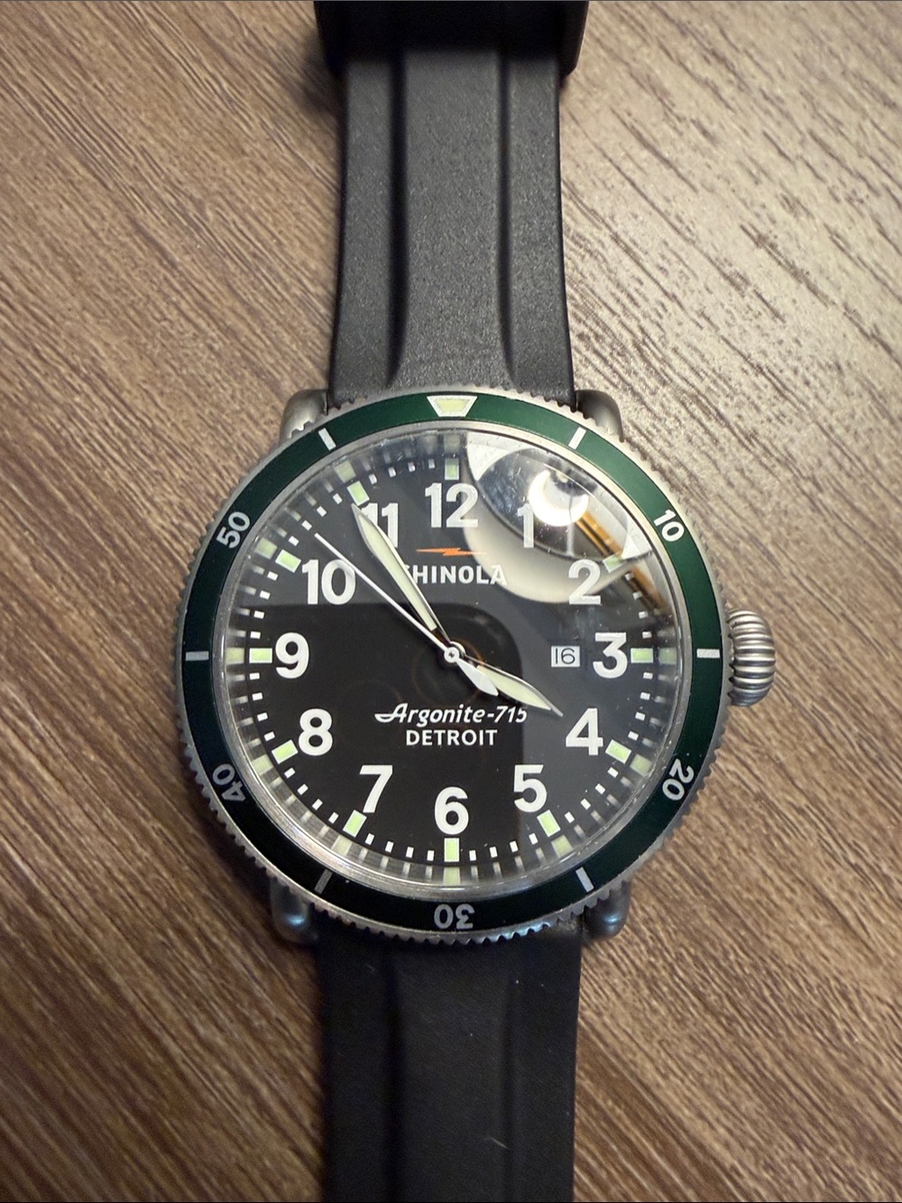 Shinola Black Dial Watch with Green Bezel and Green Rubber Straps